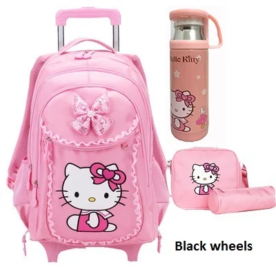 Black wheels Детские школьные сумки hello kitty, Детские рюкзаки, чемодан на колесиках для девочек, рюкзак Mochila Infantil Bolsas Zaini Scuola - Цвет: Black wheels