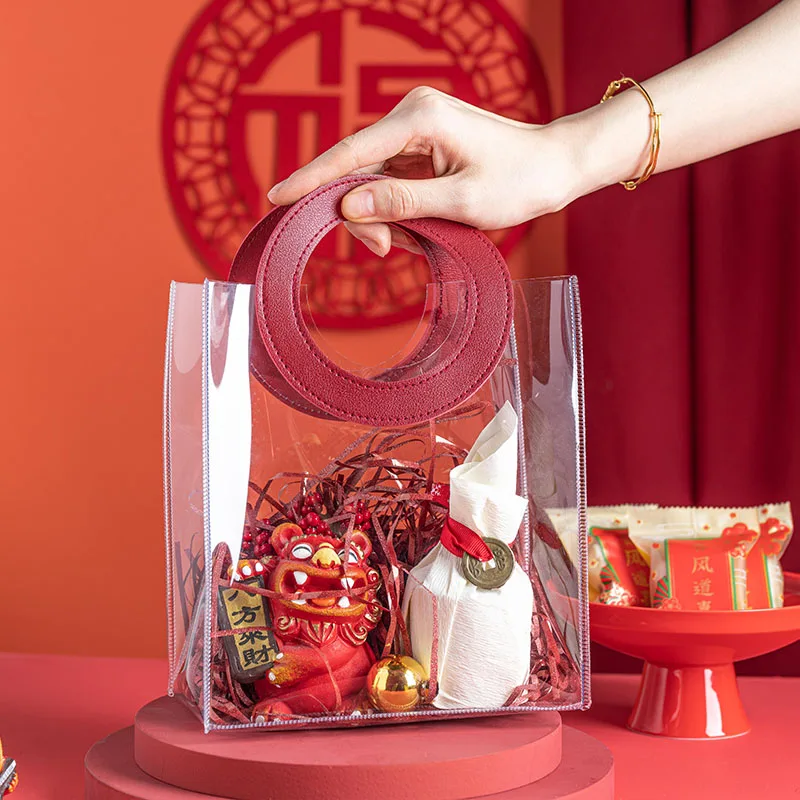 

1pcs High quality red protable transparent PVC plastic bags creative gift bag baking packaging candy cake pastry souvenir bag