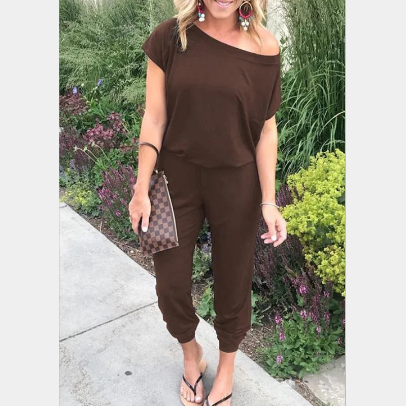 

Fashion Off-shoulder Summer Jumpsuit Women Elastic Waist Short Sleeve Office Playsuit Spring Solid Color Female Jumpsuits WF101