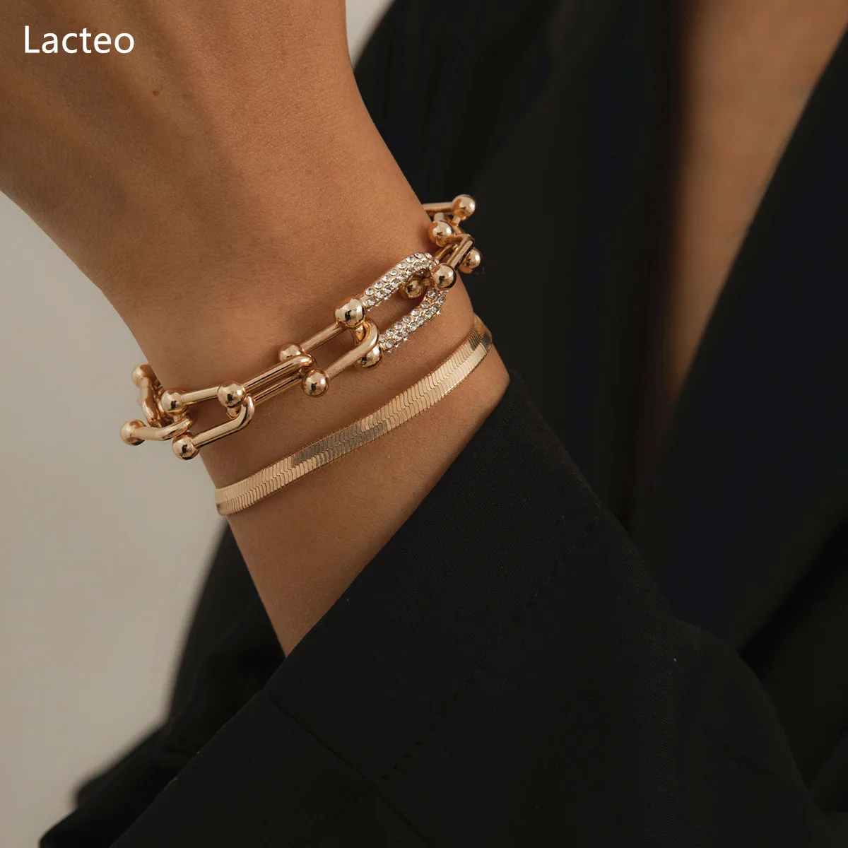 Lacteo стимпанк цепочка из змеиных костей, браслеты на запястье для женщин в богемном стиле блестящие стразы U Форма металлический браслет, ювелирные изделия в качестве подарка - изображение