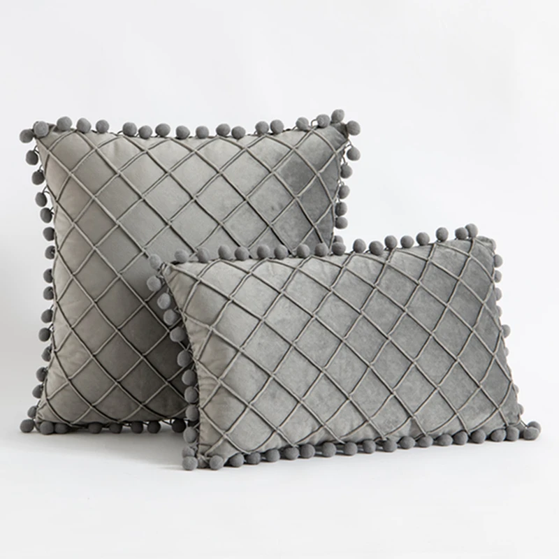 

Inyahome Velvet Cushion with Pompon Home Decoration Sofa Pillowcase Solid Color Drop Ball Plush Car Home Living Room Pillowcase