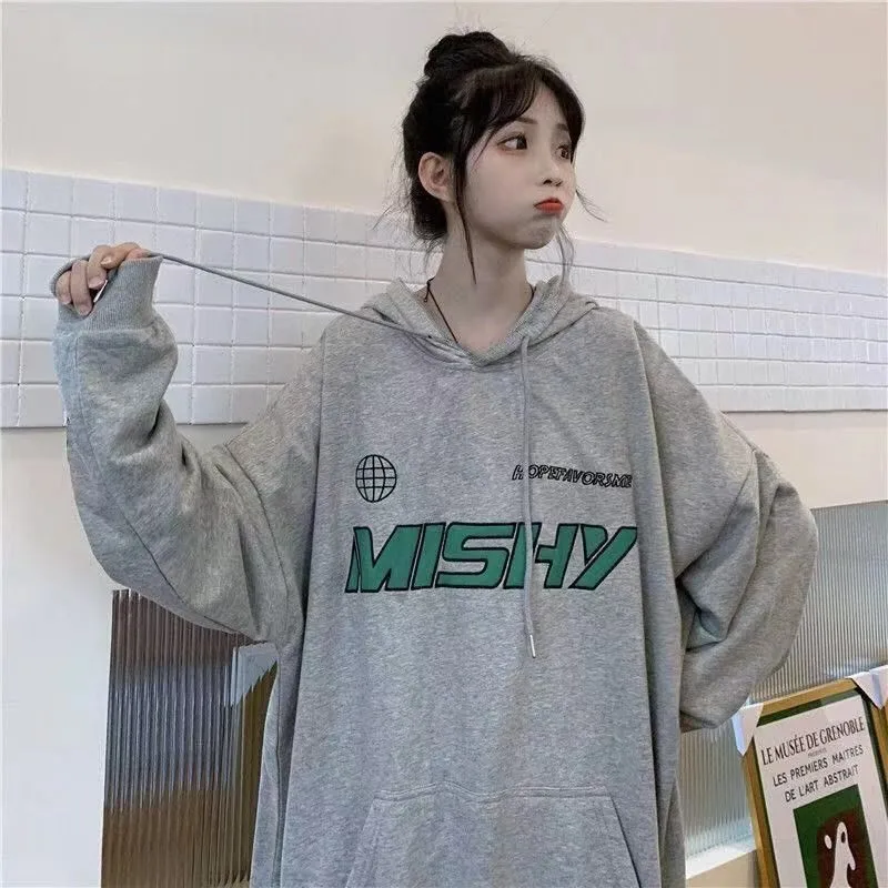 

Thin Harajuku Hoodies Sweatshirts 2021 Female Letter Printed Crewneck Spring Autumn Loose Casual Clothes Hoody Tops Streetwear