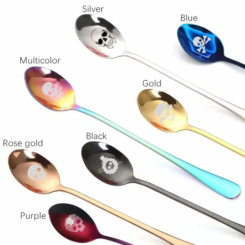 Кофейная ложка из нержавеющей стали с лазерной гравировкой черепа длинные