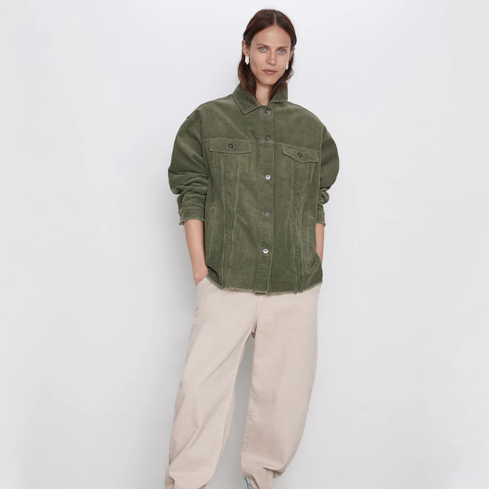 ZA длинная осенняя и зимняя женская куртка Вельветовая Свободная с лацканами