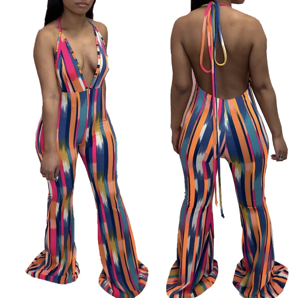 

Somoshein S-2xl Stripe Printing Women Sleeveless Jumpsuits Casual Loose Rompers Backless Lace Up Jumpsuit Wholesale Dropshipping