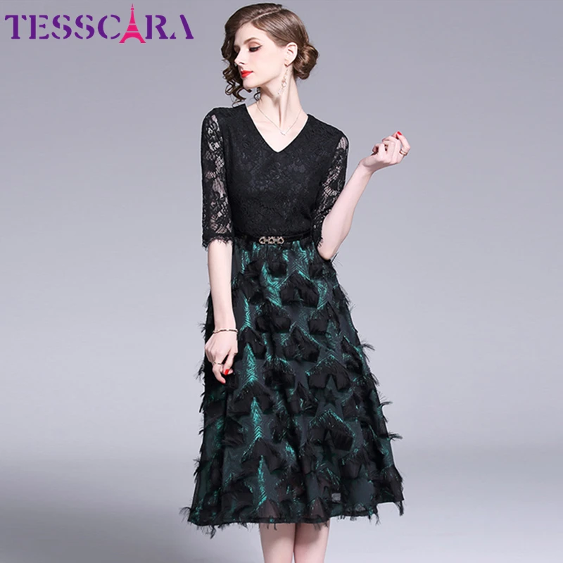 Женское осеннее элегантное Сетчатое платье TESSCARA с V образным вырезом женские