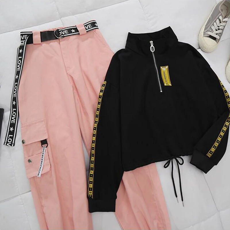 

Spring Autumn Women's High Waist Hip-Hop Cargo Pants Women's 2 Piece Set Clothes Sports Pants Loose Casual Two-Piece Suit