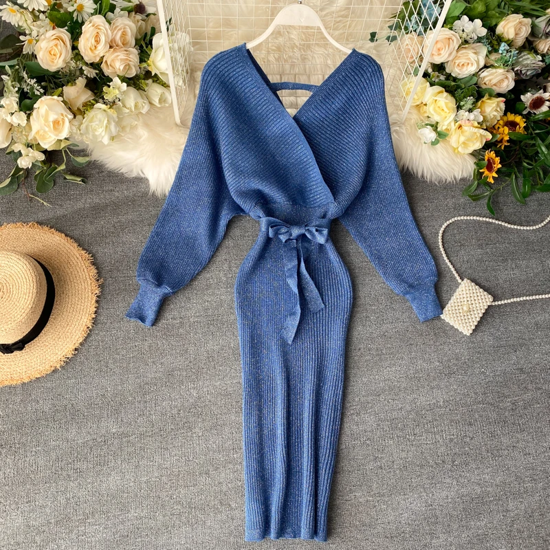 

Women Shiny Knitted Dress Sexy V Neck Puff Sleeve Elastic Sheath Knitting Dress Autumn Solid Bow Sashes Pencil Dress Club Dress