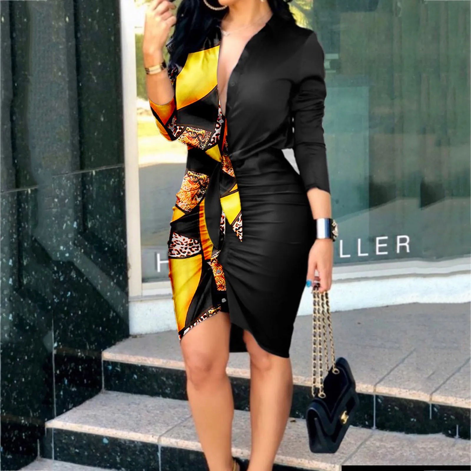 

2021 Spring V-neck Lace Up Printed Long Sleeve To Knee Shirt Dress for Women Sexy One Piece Black Fall Dress For Women Ropa 202