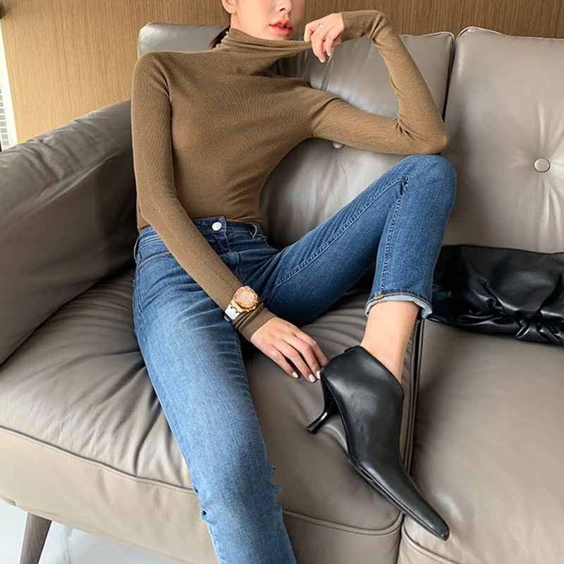 TWOTWINSTYLE Casual White Knitted Women's Sweater Turtleneck Long Sleeve Slim Pullovers Korean Female 2020 Autumn Fashion New | Женская