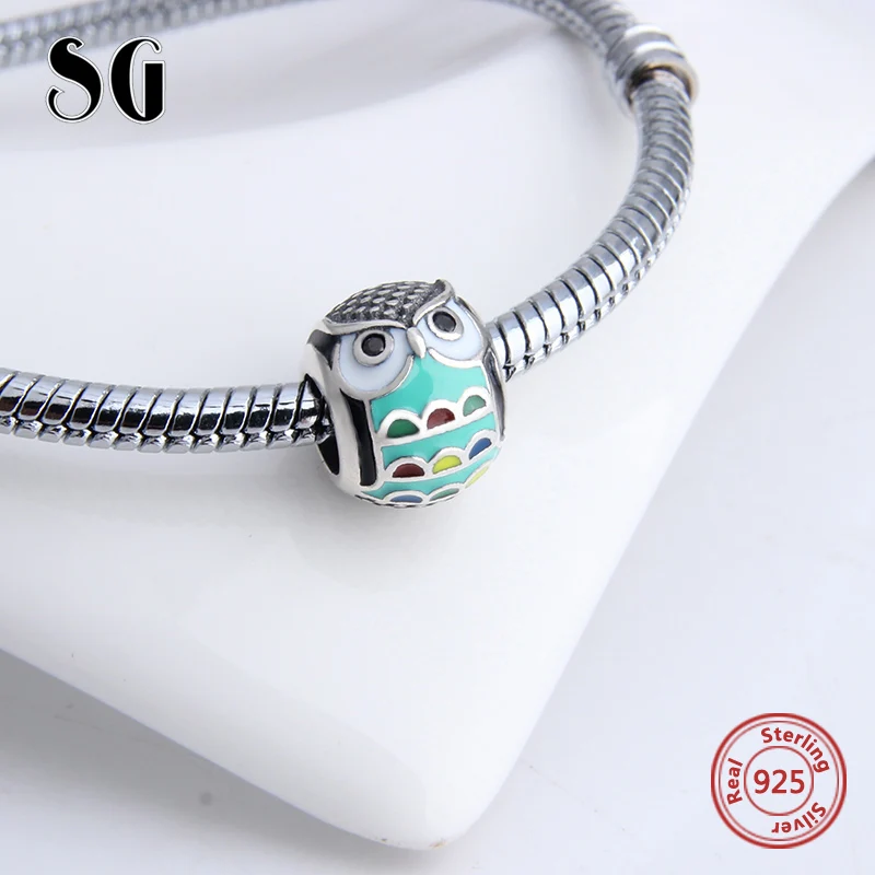 SG 925 Серебро милые животные Сова Подвески бусины с разноцветной эмалью Fit