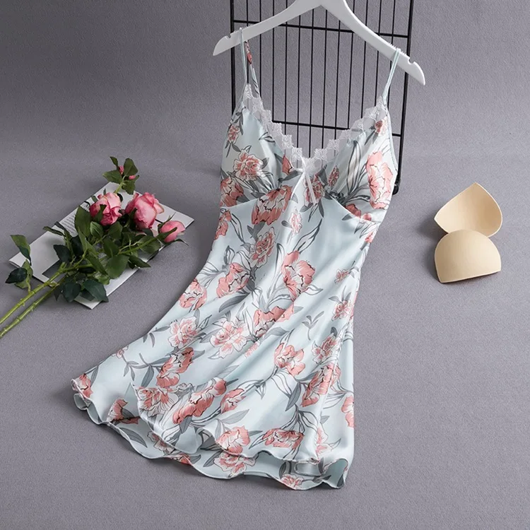 Атласная Ночная рубашка с цветочным принтом на бретельках сексуальная ночная