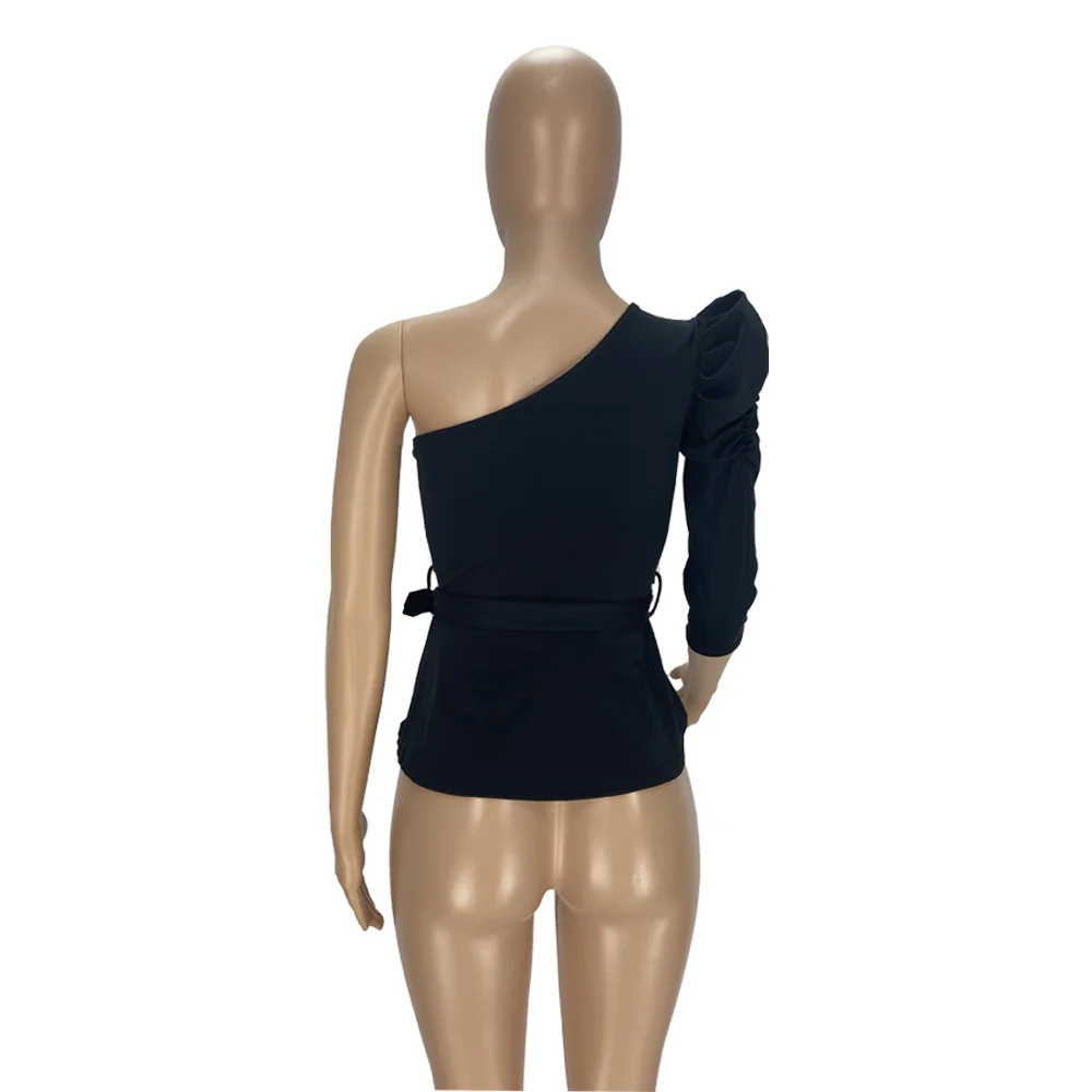 

Black Yellow Orange One Shoulder Three Quarter Puff Sleeve Women's Top Sweet Spring Summer High Waist Ruffle Backless Slim Tees