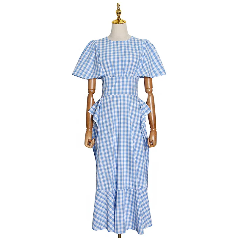 

The new plaid stitching flounces on both sides with waistband high waist irregular long dress for women