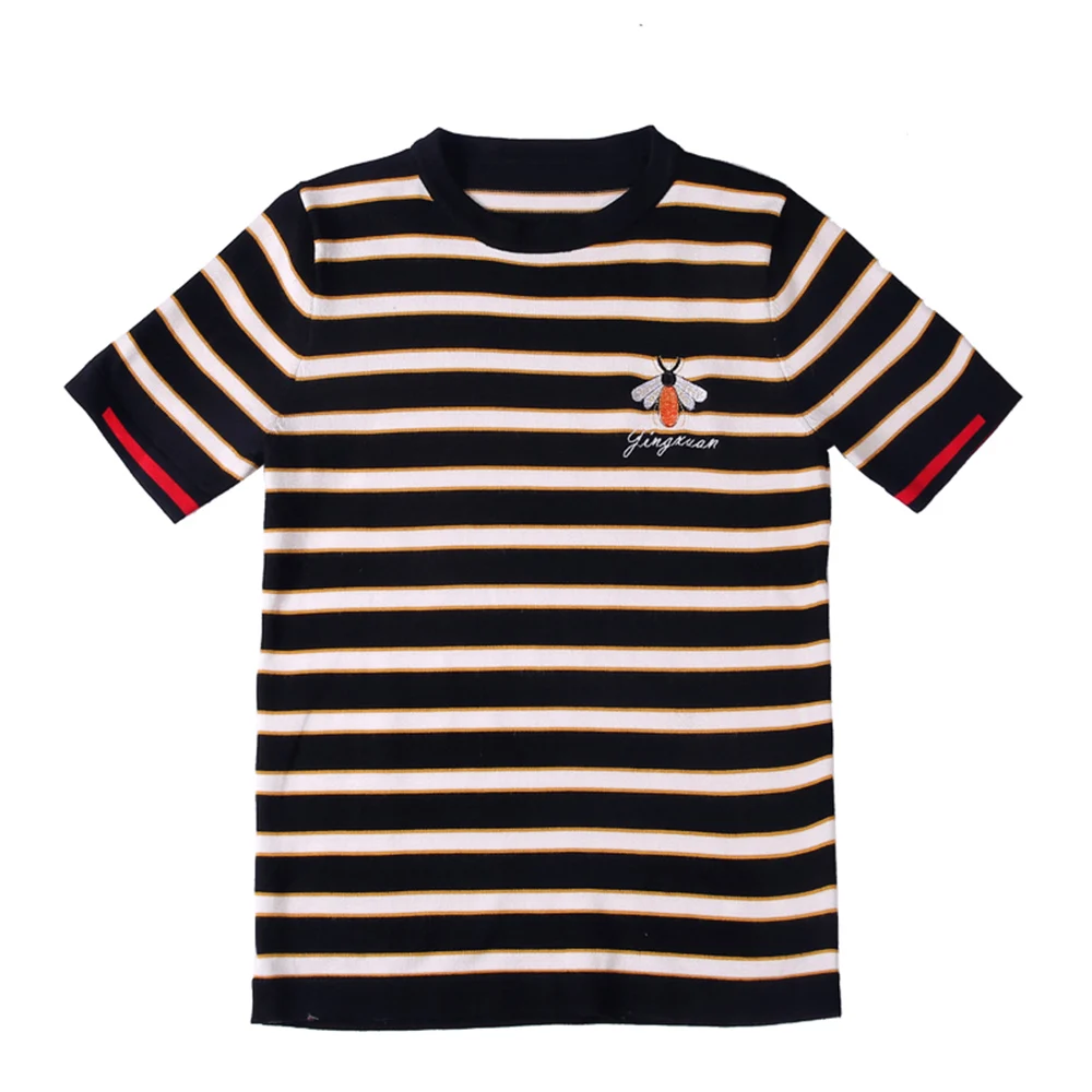 

Summer new knitted striped round neck T-shirt men's summer casual street men's Korean style slim short-sleeved T-shirt men