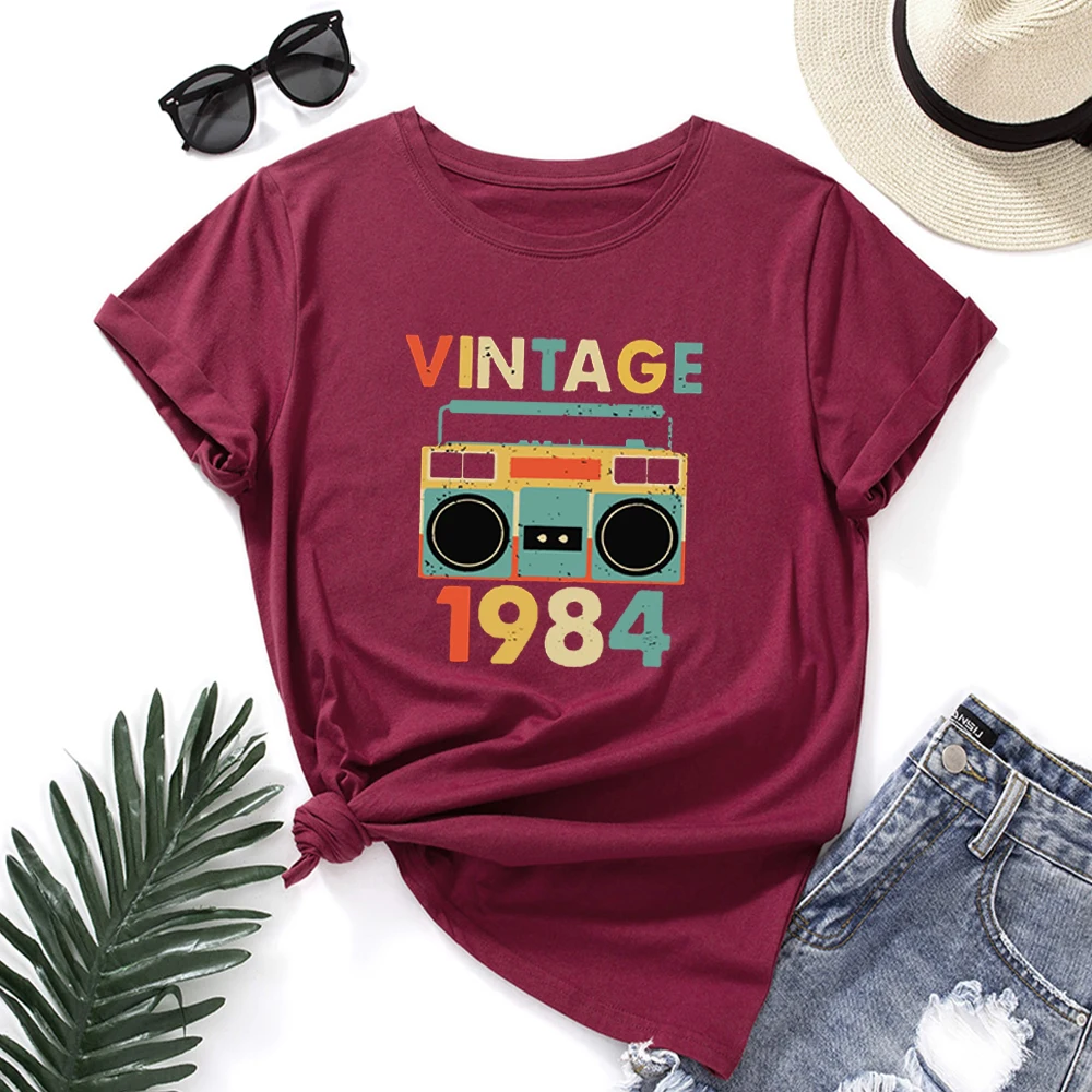 

Women T-shirt Vintage 1984 Letter Print Crewneck Tee Shirt Short Sleeve 100%Cotton Clothes Loose Top Streetwear Tshirt