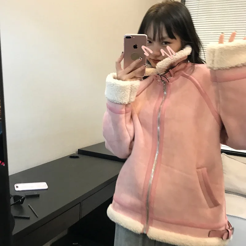 

Autumn and winter new style all-match short fashion plus velvet British style short thickened fur one cotton jacket female tide