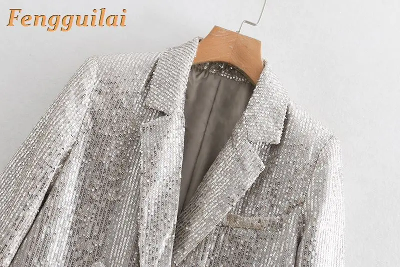 FENGGUILAI Double Breasted Blazer Sequins Club Blazer Long Sleeve Suit Coat Jacket Chic Women BlingBling Blazers Female