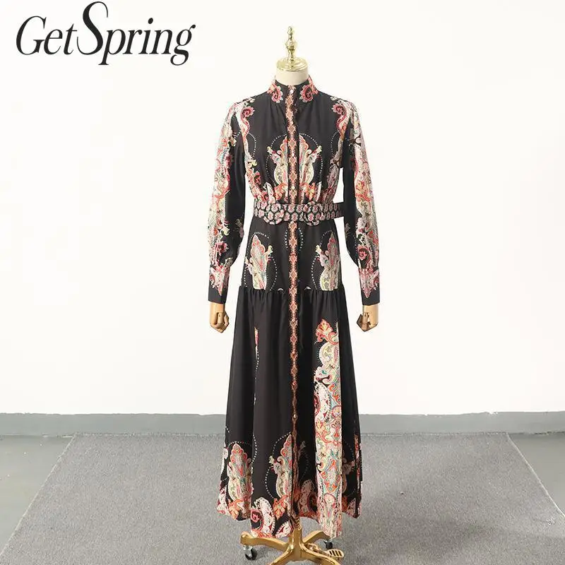 Getвесеннее женское платье с воротником стойкой длинным рукавом принтом