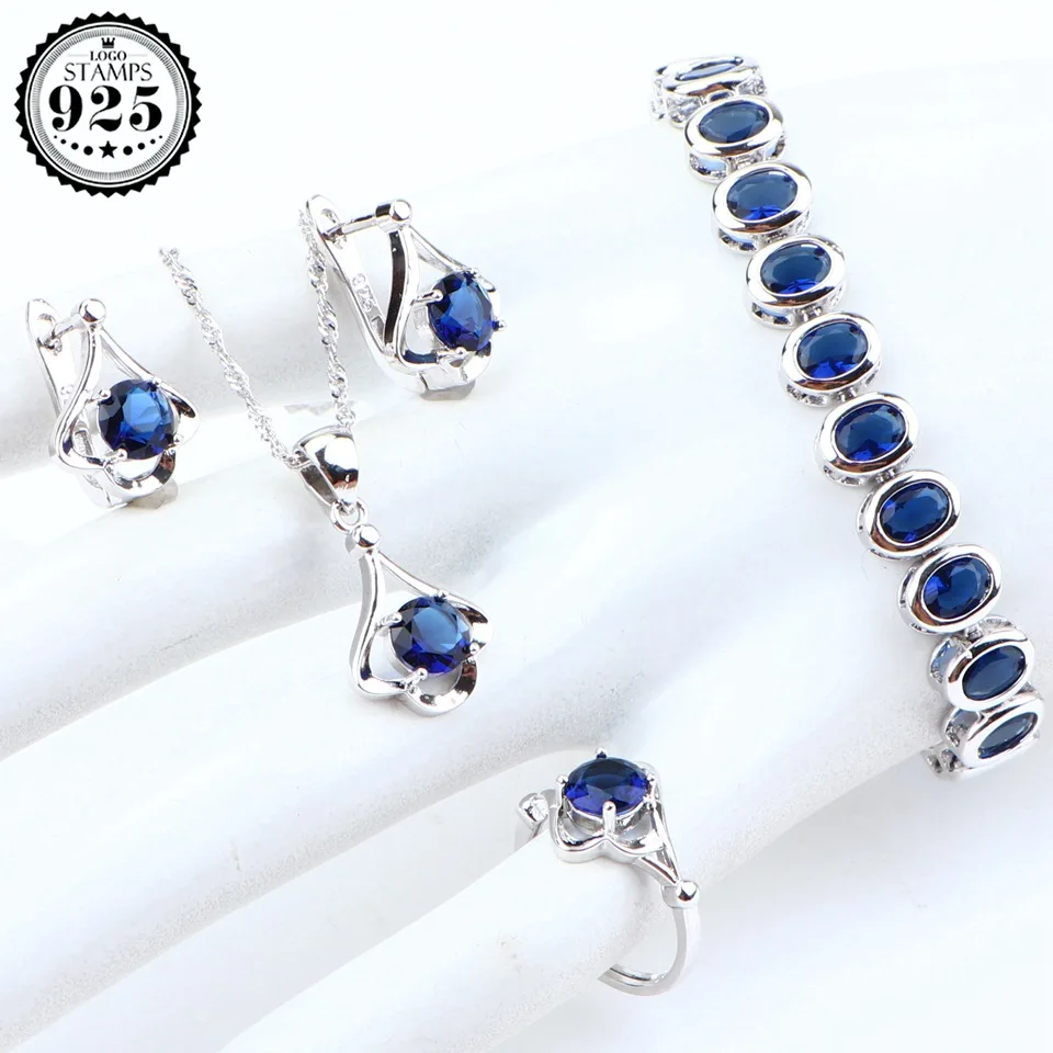 4PCS Серебро 925 Голубой цирконий Свадебные Ювелирные наборы украшения для свадебного наряда женский браслет серьги ожерелье кулон Набор подарочных коробок - Окраска металла: 4PCS