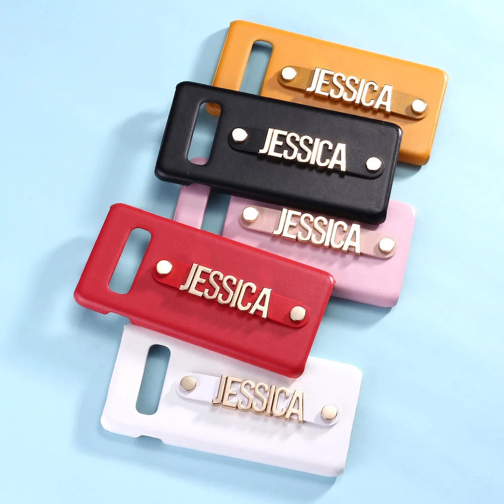 

For Samsung Galaxy S8 S9 S10 Plus Note 8 9 A50 Custom Leather Phone Case Holding Strap Gold Metal Name Text Phone Funda Coque