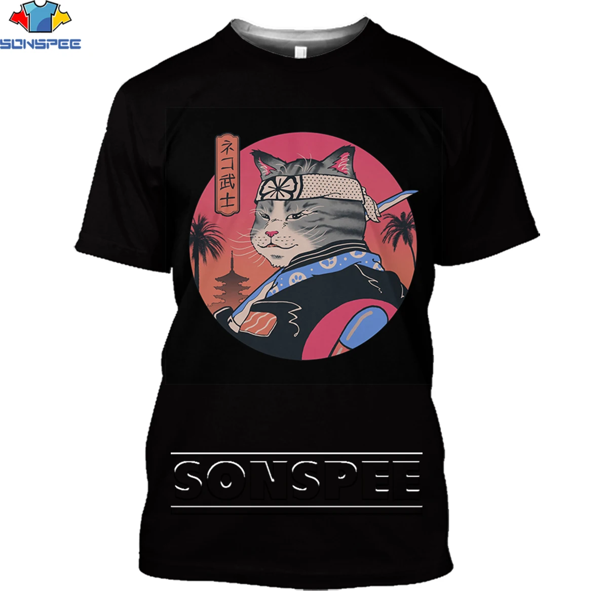 Мужская футболка SONSPEE с 3D-принтом японских тату-самураев и кошек Забавные