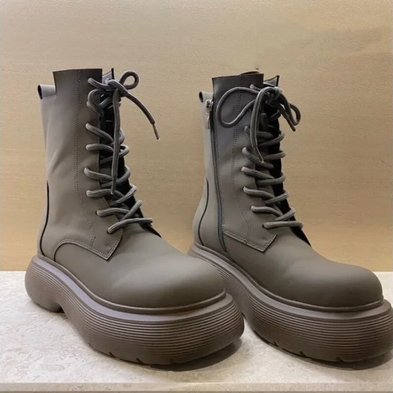 

Women Boots Comfortable High Quality Leather Motorcycle Boots Women Side Zipper Lace Up Casual Platform Shoes Woman 2021 New