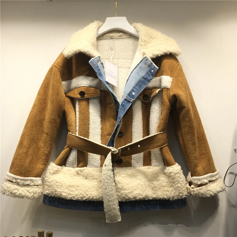 Faux fur coat female 2021 new winter imitation lambswool flocking thick jacket fashion chic patchwork denim outwear streetwear