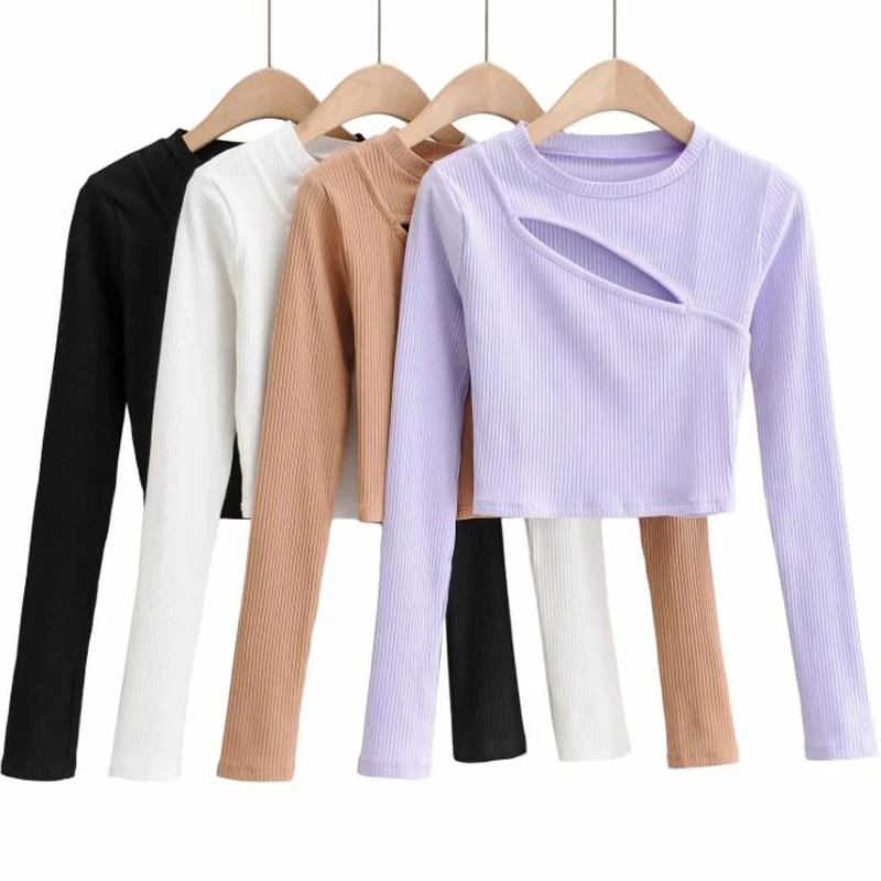 

Women Ladies Clothing Tops T-shirt Spring Autumn Sexy Hollow Women Tops Long Sleeve Tshirts Fashion Solid Color Woman Clothes