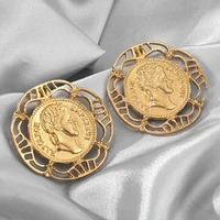 vintage retro shiny gold plating metal portrait coin exaggerate stud earrings for women jewelry