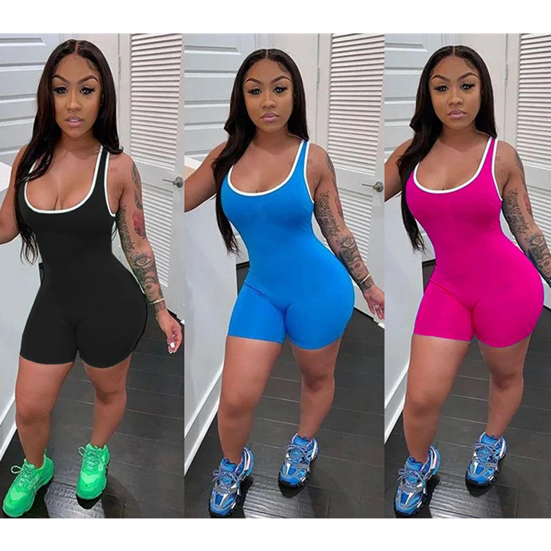 

Женский спортивный комбинезон без рукавов для фитнеса и тренировок, бесшовный однотонный облегающий костюм с открытой спиной, дышащий кост...