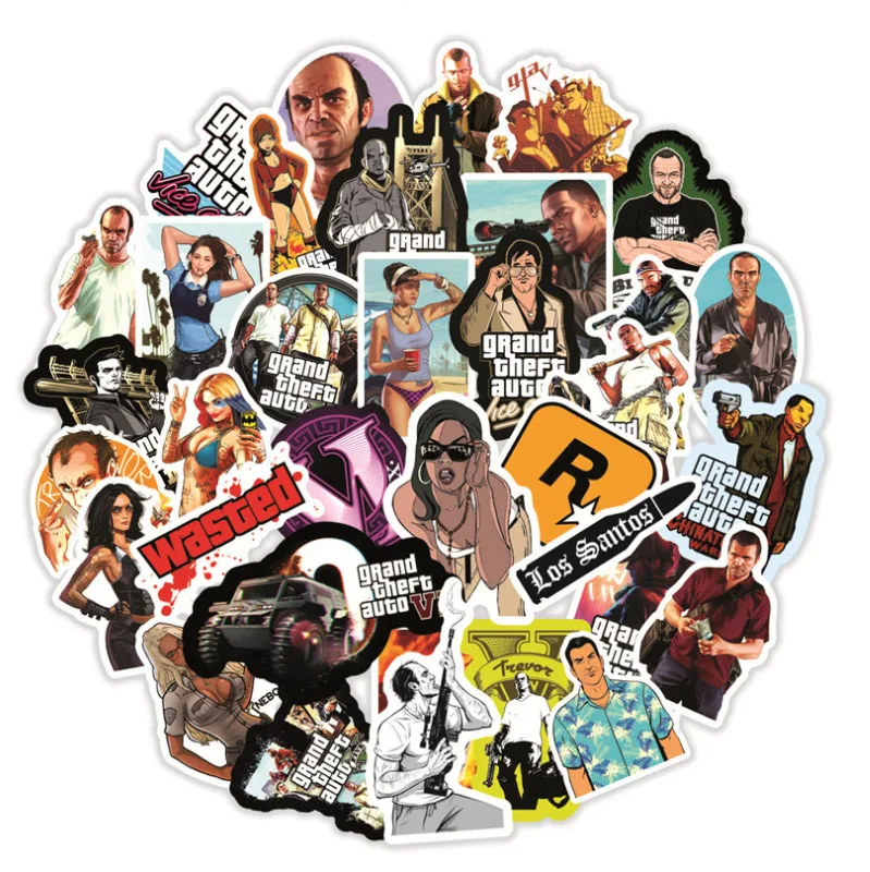 GTA Grand Theft-Juego de patinete autom&aacute;tico, Maleta de viaje, tel&eacute;fono, port&aacute;til, pegatinas de equipaje, Juguetes DIY para ni&ntilde;os y ni&ntilde;as, 10/30/50 Uds.-1