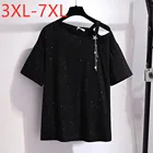 Женская хлопковая футболка, черная свободная футболка с коротким рукавом, открытыми плечами и блестками, лето 2021, размера плюс, 7XL