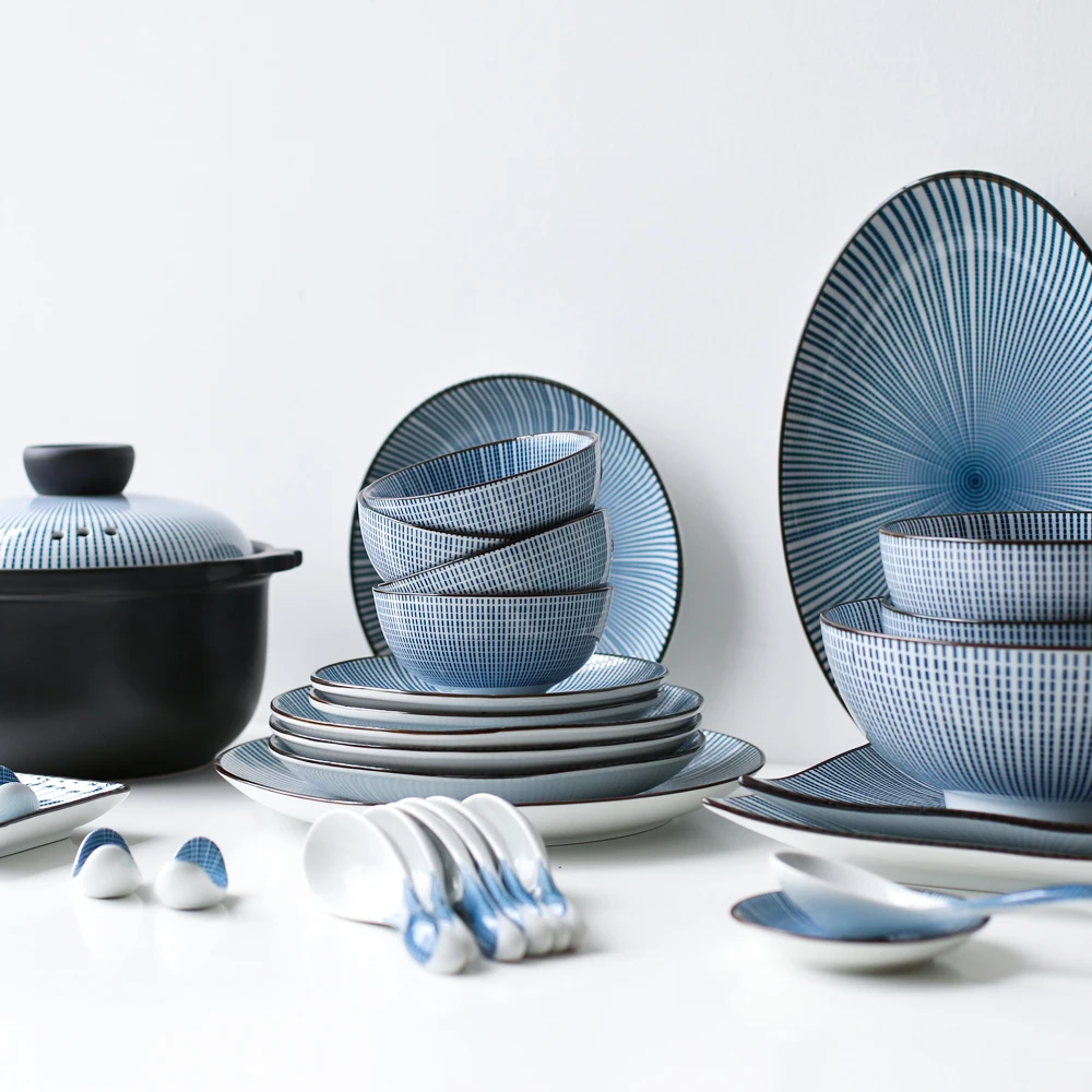 

Underglaze Color Retro Japanese Household Ceramic Bowl Plate Dish Tableware And Casserole Set