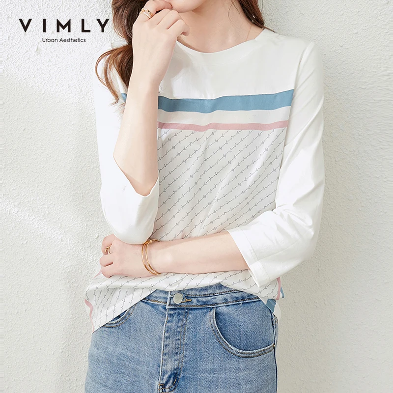VIMLY Women Tshirts Fashion Patchwork Round Neck Long Sleeve Tops Casual Pullover Sping Clothes Female Cotton T Shirt F6273