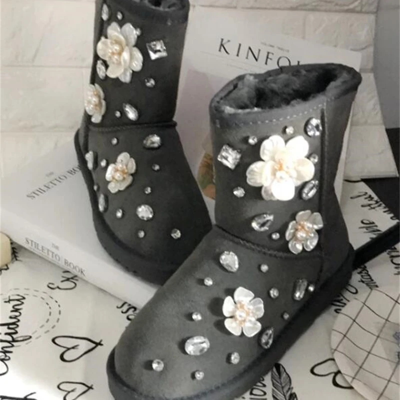 Женские сапоги ручной работы из искусственной кожи с жемчужинами и хлопковой