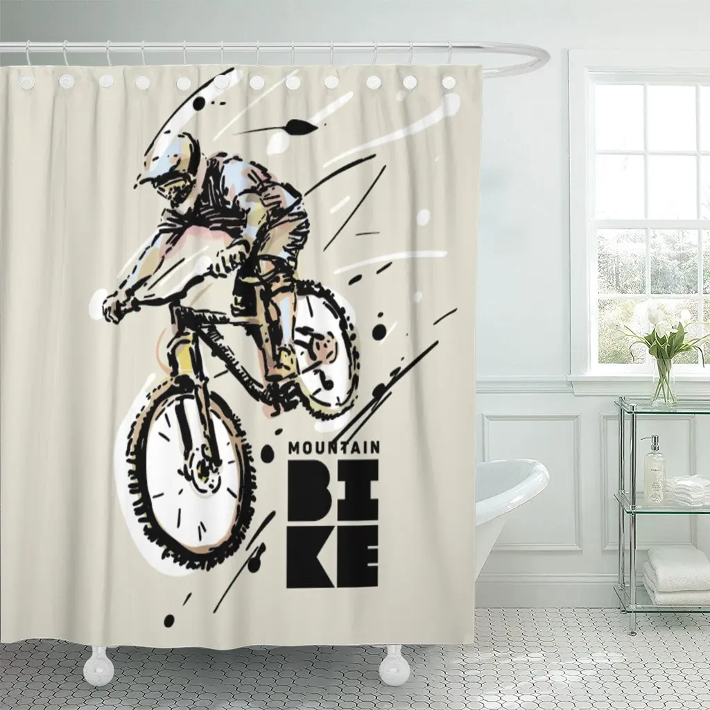 

Shower Curtain Watercolor Rider Downhill Mountain Bike Sketch Graphic Biker Action Waterproof Polyester Fabric Set with Hooks