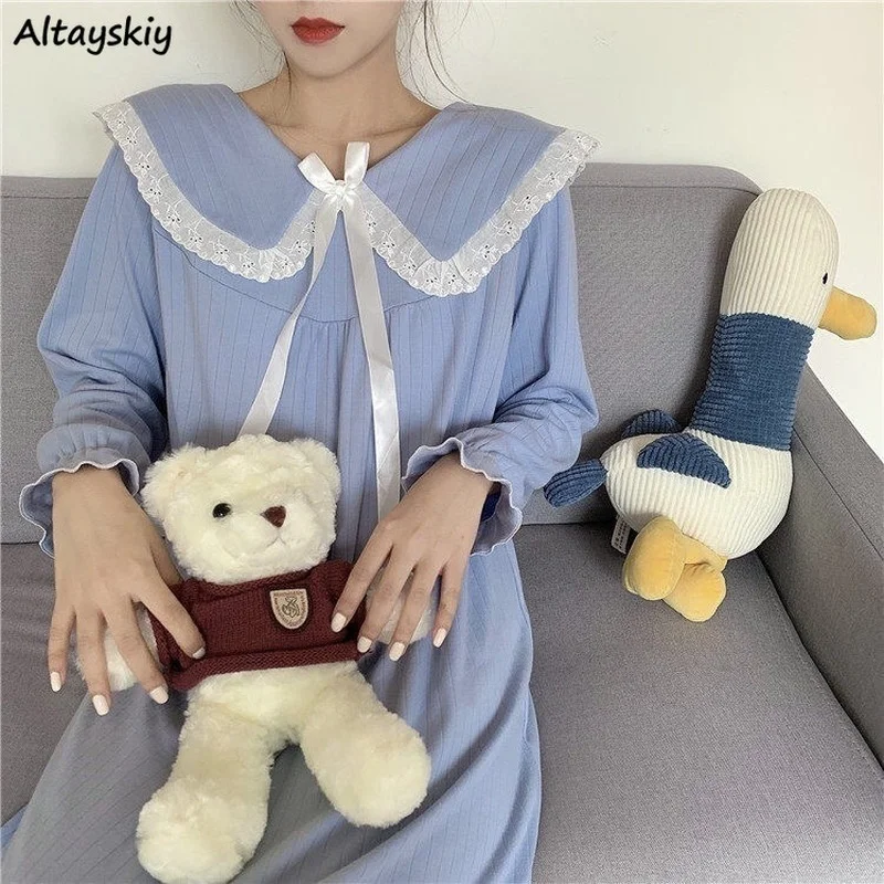 

Nightgowns Women Autumn Sweet Lovely Girlish A-line Full Sleeve Patchwork Tender Korean Style Nightdress Casual Stylish Cozy Ins