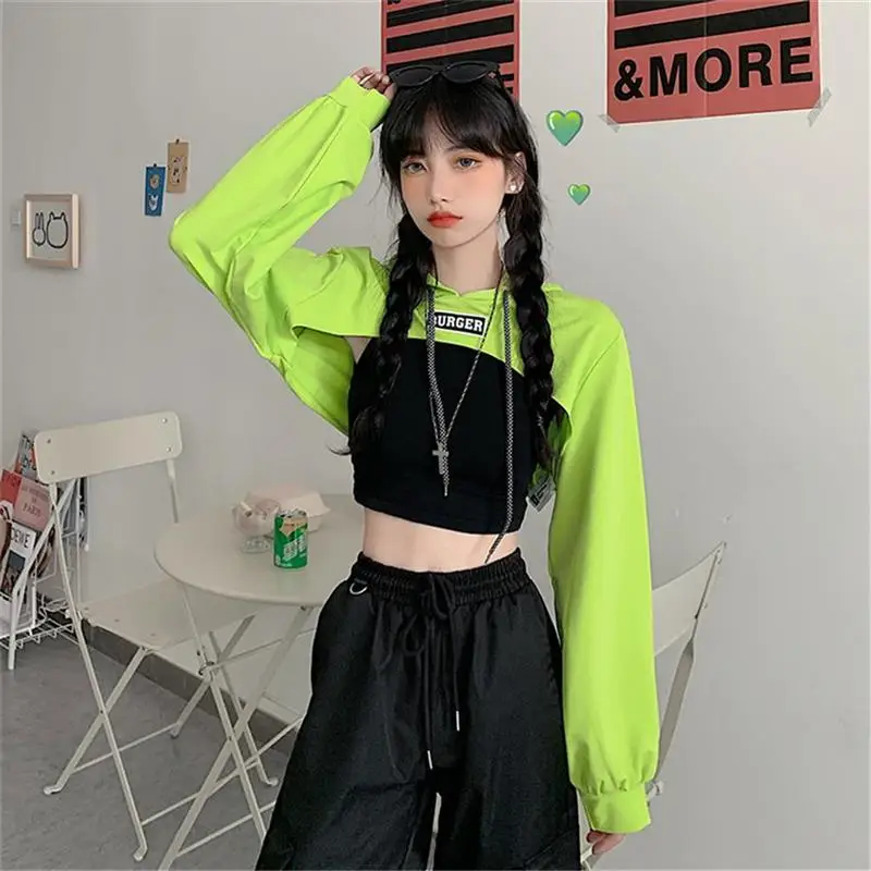 Women's Letter Tops Spliced Navel Hoodie Sweatshirt Long Sleeve Hoodie Thin Section Short Hooded Top 2021 Sudaderas Con Capucha
