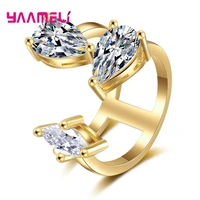 new stylish 925 sterling silver open rings gold color big shinning zircon jewelry for women wedding gift fashion trendy anillos