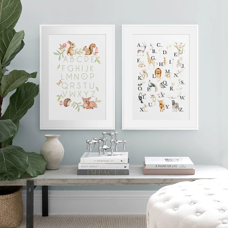 Абв алфавитом учебный плакат леса Животные принт Детская Wall Art Холст Картины Nordic