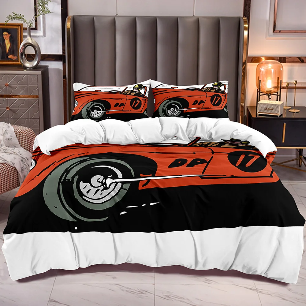 

Duvet Cover Sets with Racer Print Kids Teens Bedroom Comforter Cover withWhite Microfiber Bedding Quilt Cover Zipper Closure