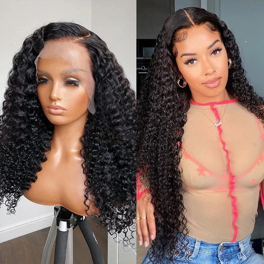 

Deep Wave Closure Wig 13x4 Lace Frontal Human Hair Wigs 30-40 Inch HD Transparent Lace Brazilian Remy Pre Plucked Bleached Wig