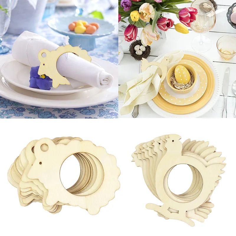 

10pcs Easter Wooden Napkin Ring Bunny Egg Rabbit Shape Wood Napkin Ring Holder Towel Buckles Happy Easter Party Table Decoration