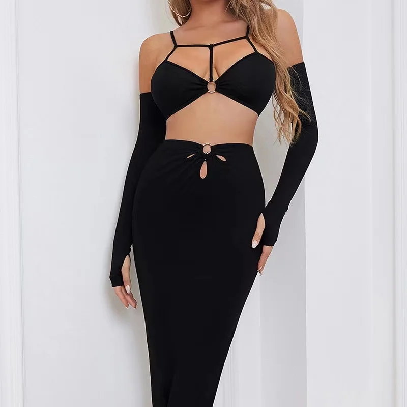 

Y-L Women's Black Color Fashion Skinny Two Piece Set Sexy Backless Long Sleeve Camisole Crop Top+Elegant High Waist Long Skirts