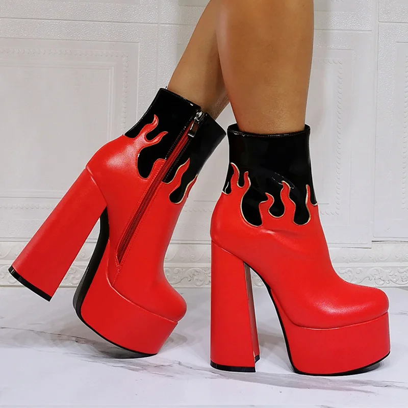 

2021 Fashion Women Shoes Halloween Gothic Platform Boots Flame Block High Heels Plus Size 47 Red Leather Goth Shoes Woman Boots