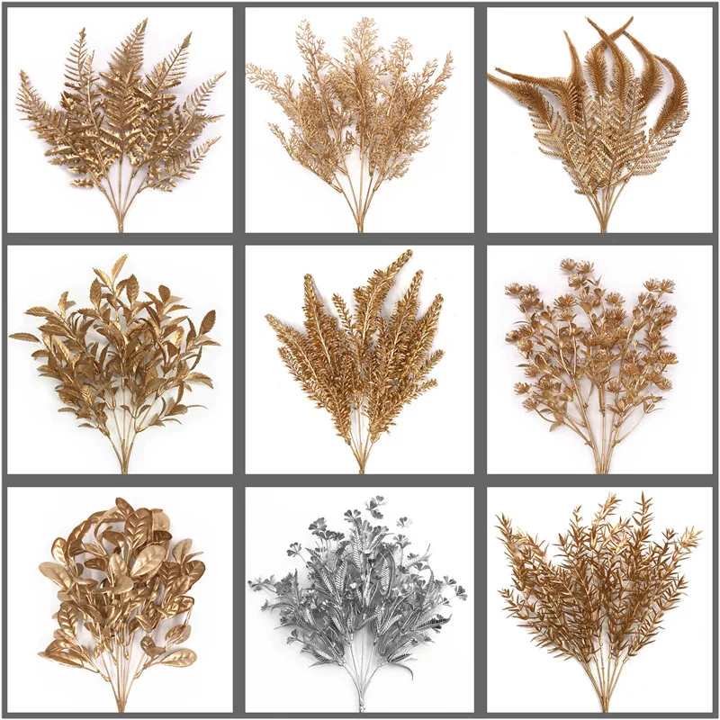 

Artificial Plant Gold Silver Leaves Christmas Wedding Decorative Fake Plant Flower Floral DIY Accessories Bedroom Decor