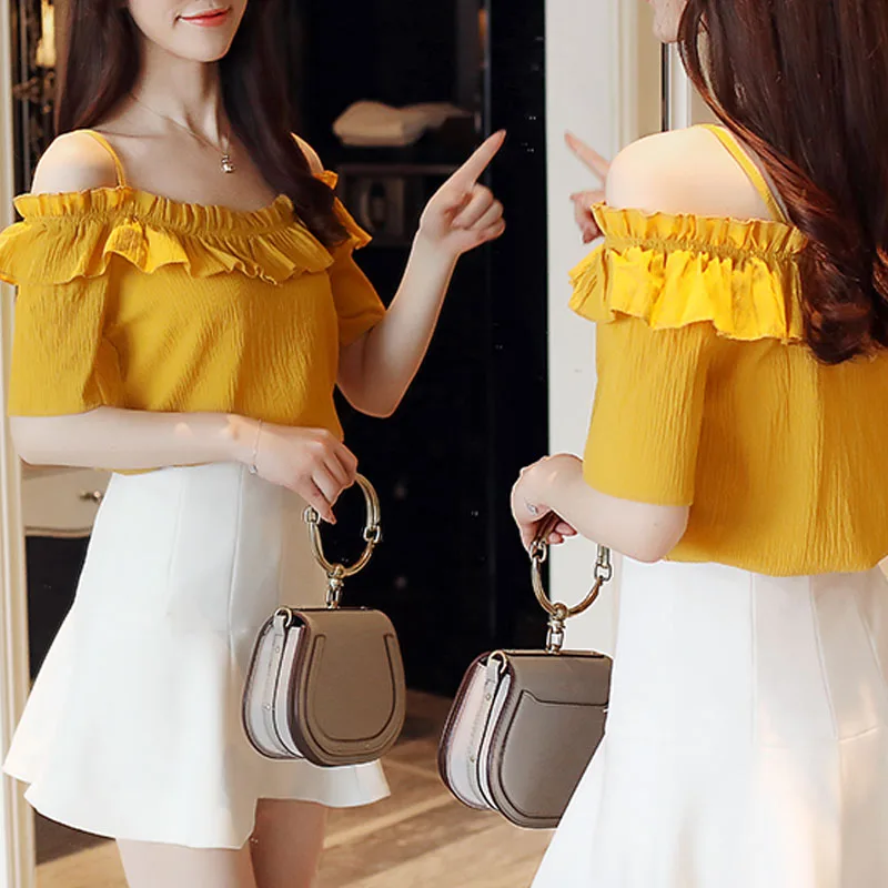

Women tops and blouse 2020 ladies tops sexy slash neck women's clothes short chiffon shirt white blouse shirt women D825 30