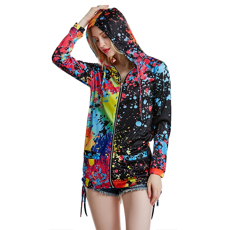 

Outwear Spring Women Long Autumn Printed Long Sleeve Pockets Streetwear Hooded Sweatshirt Zipper Hoodies Female