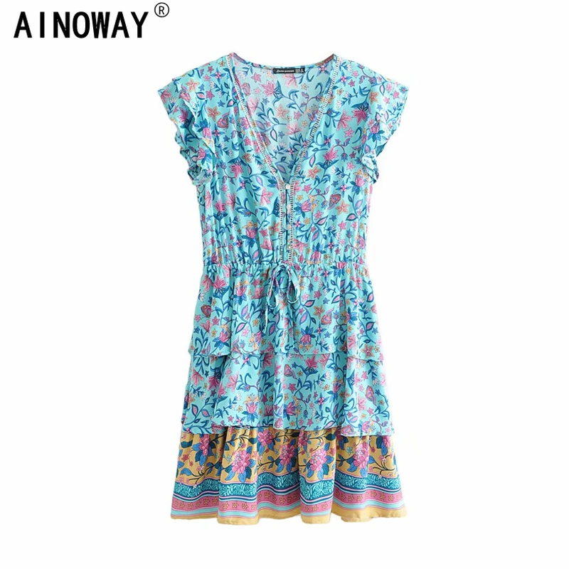 Винтажное шикарное женское пляжное богемное мини-платье с цветочным принтом